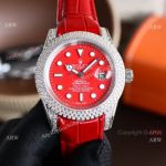 Rolex Submariner Diamond Bezel Red Face Leather Strap Citizen 8215 Watch
